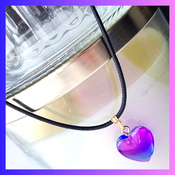 Necklace | Blue & Purple Ombre Heart Pendant | Black Cord with Gold Clasp 💙💜 - Picture 3 of 5